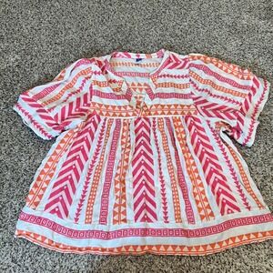 Old Navy Women XL Tunic Top Geometric Print White Pink Orange V Neck